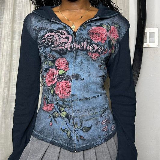 Midnight Rose Grunge Zip Hoodie